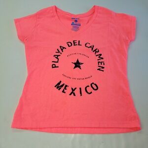 Playa Del Carmen Mexico Graphic TShirt Womens L V Neck Neon Pink Mare Blue